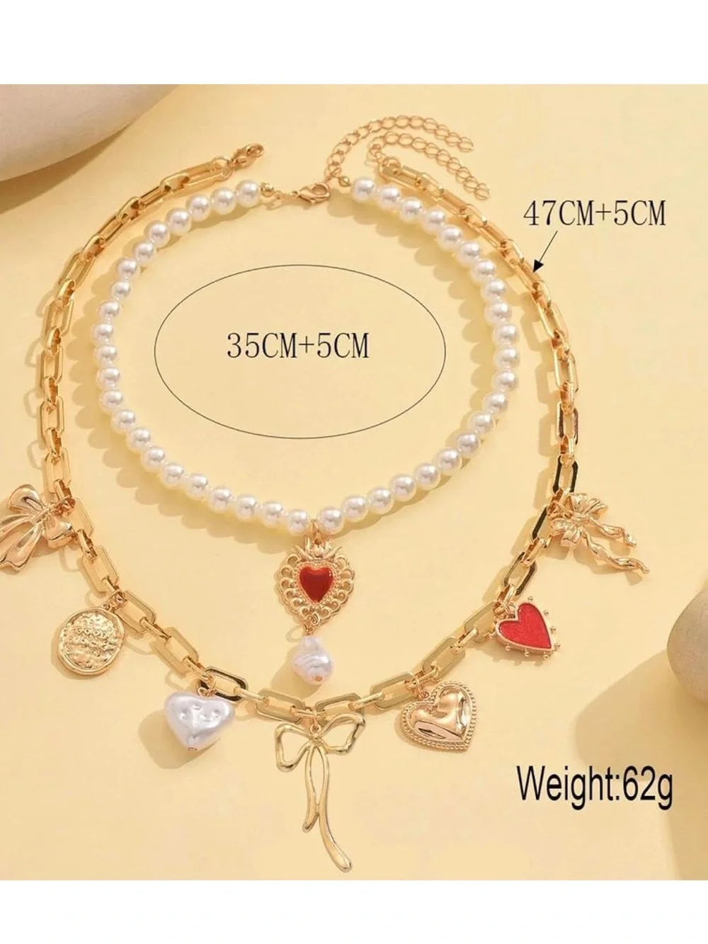 Anthropologie Gold-Tone Layered Necklace with Red Hearts and White Pearls